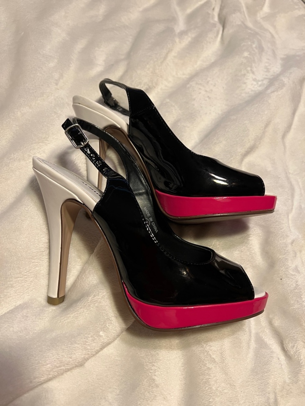 Call It Spring Black Patent Slingback Heels with Pink Platform and White Heel
